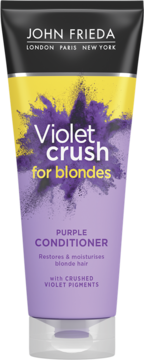 John Frieda Violet Crush fioletowa odżywka do włosów blond, tuba z fioletowym pyłem, widok z przodu.