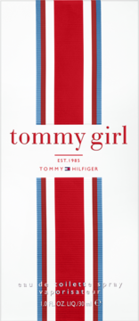 Tommy Girl woda toaletowa 30ml, białe opakowanie z pionowymi czerwonymi i niebieskimi pasami, widok z przodu.