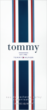 Biały kartonik wody toaletowej Tommy Hilfiger Tommy 30ml, z logo i pionowymi pasami: granatowy, czerwony, błękitny.