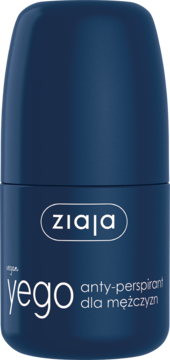 Ciemnoniebieski antyperspirant roll-on Ziaja Yego dla mężczyzn, wegański, z białymi napisami, widok z przodu.