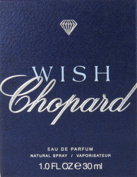 Frontalny widok granatowego opakowania perfum Chopard Wish 30ml z srebrnym napisem i logo diamentu.