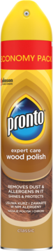 Pronto Classic expert care wood polish w żółto-brązowej butelce aerozolu, widok z przodu, z niebieską kroplą.