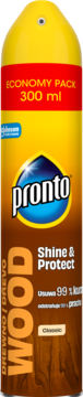 Pronto Classic aerozol do drewna 300ml. Żółto-brązowa puszka z logo Pronto i hasłem 'Shine & Protect'.