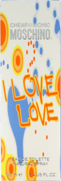 Moschino I Love Love woda toaletowa 100ml, białe pudełko z kolorowymi wzorami, widok z przodu.