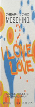 Moschino I Love Love woda toaletowa, białe pudełko z kolorowym graffiti i napisem I Love Love, widok z przodu.