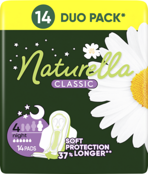 Naturella Classic Night, zielone opakowanie 14 podpasek nocnych z rumiankiem, Duo Pack, widok z przodu.