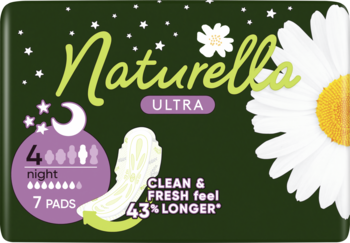 Ciemnozielone opakowanie Naturella Ultra Night, 7 długich podpasek nocnych, widok z przodu z białą stokrotką.