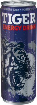 Ciemnoniebieska puszka Tiger Energy Drink z białym logo i srebrnym, ryczącym tygrysem na froncie.