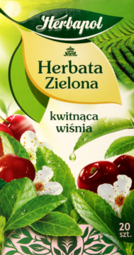 Herbapol Herbata Zielona Kwitnąca Wiśnia, opakowanie z zielonymi liśćmi, czerwonymi wiśniami i białymi kwiatami.