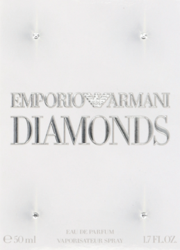 Białe opakowanie perfum Emporio Armani Diamonds 50ml, z metalicznym napisem i kryształkami, widok z przodu.