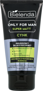 Pionowa czarna tubka Bielenda ONLY FOR MAN Super Matt Cynk. Peelingujący żel oczyszczający do twarzy.