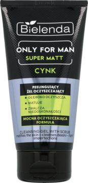 Pionowa czarna tubka Bielenda ONLY FOR MAN Super Matt Cynk. Peelingujący żel oczyszczający do twarzy.