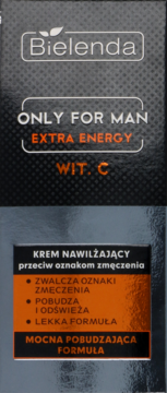 Pudełko kremu Bielenda Only For Man Extra Energy Wit. C, nawilżającego, przeciw zmęczeniu, czarno-pomarańczowe.