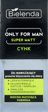 Bielenda ONLY FOR MAN SUPER MATT, męski żel nawilżający przeciw błyszczeniu z cynkiem, czarno-zielone opakowanie.