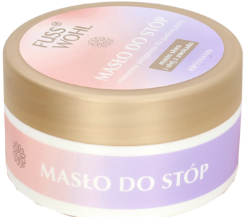 Fusswohl Masło do Stóp w okrągłym słoju, z gradientową etykietą róż/fiolet i złotą pokrywką, widok z góry.