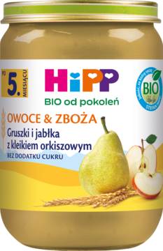 Słoik HiPP Owoce & Zboża mus, gruszki i jabłka z orkiszowym kleikiem, dla dzieci po 5. miesiącu. Na etykiecie gruszka i jabłko.