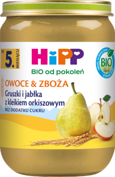 Słoik HiPP Owoce & Zboża mus, gruszki i jabłka z orkiszowym kleikiem, dla dzieci po 5. miesiącu. Na etykiecie gruszka i jabłko.