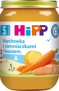 HiPP słoiczek, puree marchewka, ziemniaki i łosoś dla niemowląt 5M+, z morskimi motywami.