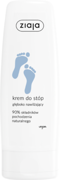 Ziaja krem do stóp, głęboko nawilżający, w białej tubce z logo i niebieskimi stopami, widok z przodu.