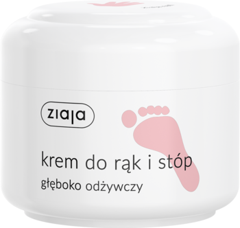 Biały słoik kremu Ziaja do rąk i stóp, głęboko odżywczy, z różową grafiką stopy, widok z przodu.