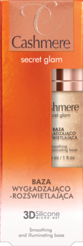 Pomarańczowe pudełko bazy wygładzająco-rozświetlającej Cashmere Secret Glam 3D Silicone, widok z przodu.
