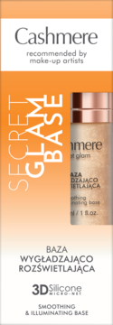 Cashmere Smoothing & Illuminating Base, pomarańczowo-białe pudełko, widok z przodu, z widocznym, połyskującym fluidem.