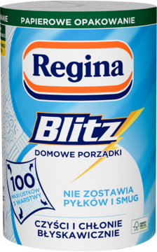 Ręcznik papierowy Regina Blitz, 3 warstwy, w niebiesko-białym papierowym opakowaniu, do domowych porządków. Frontalny widok.