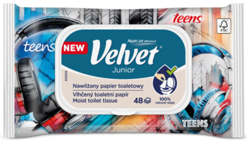 Velvet Junior nawilżany papier toaletowy TEENS, 48 sztuk. Opakowanie z graffiti w tle, widok z przodu.