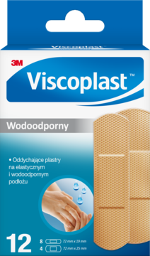 Pudełko 3M Viscoplast Wodoodpornych Plastrów, oddychające, beżowe, 12 sztuk, przód opakowania.