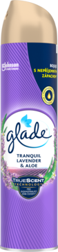 Fioletowy odświeżacz powietrza Glade Tranquil Lavender & Aloe w cylindrycznej puszce, widok z przodu.