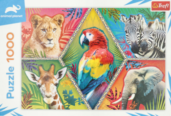 Pudełko puzzli Animal Planet 1000, barwne egzotyczne zwierzęta: lew, papuga, zebry, żyrafa, słoń. Widok przodu.
