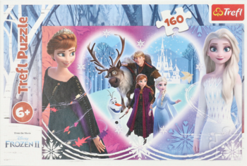 Pudełko puzzli Trefl Frozen II, 160 elementów, z Anną, Elsą i bohaterami w zimowej scenerii serca.