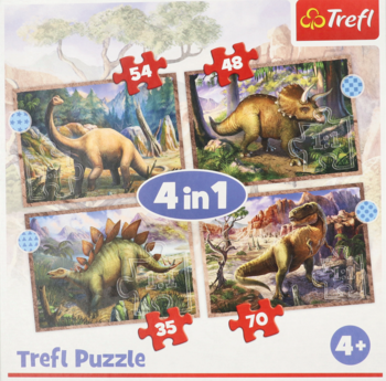 Trefl Puzzle 4w1 dla dzieci 4+ z dinozaurami, na białym tle. Cztery układanki 35-70 elementów.