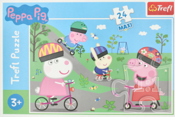 Pudełko puzzli Trefl Świnka Peppa 24 Maxi, z Peppą i przyjaciółmi na rowerach, widok z przodu.
