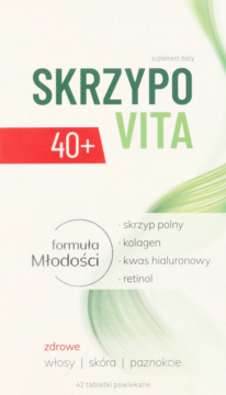 Białe pudełko Skrzypovita 40+, suplementu na zdrowe włosy, skórę, paznokcie, z zielonym napisem i czerwoną etykietą.
