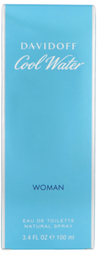 Front jasnoniebieskiego pudełka wody toaletowej Davidoff Cool Water Woman 100 ml, z białym logo.