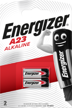 Dwie baterie Energizer A23 Alkaline w białym opakowaniu blister z czerwonym pasem i wizerunkiem baterii-siłacza.