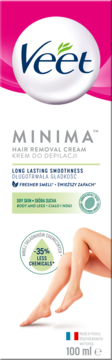 Veet Minima krem do depilacji 100ml dla skóry suchej, biało-różowe opakowanie, widok z przodu z nogami.
