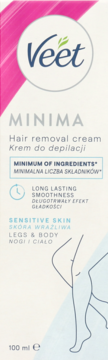 Veet Minima krem do depilacji dla skóry wrażliwej, 100ml. Białe opakowanie z różowym logo Veet, widok przód.