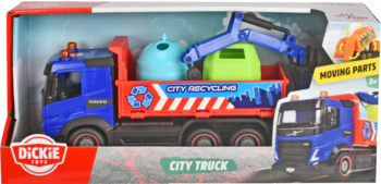 Dickie Toys City Truck: niebiesko-czerwona ciężarówka do recyklingu z ruchomym ramieniem i koszami w pudełku.