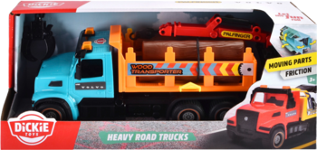 Dickie Toys Heavy Road Trucks, model ciężarówki do drewna w pudełku, jasnoniebiesko-pomarańczowy, z ruchomym żurawiem.
