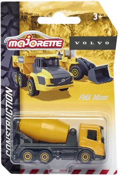 Majorette Volvo FMX Mixer, żółta betoniarka w opakowaniu, czarne podwozie, widok z przodu opakowania.