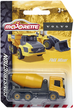 Majorette Volvo FMX Mixer, żółta betoniarka w opakowaniu, czarne podwozie, widok z przodu opakowania.