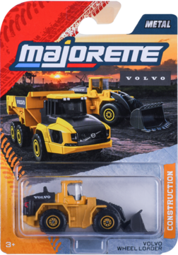 Majorette Volvo Wheel Loader, żółty metalowy model w opakowaniu blister, widok z przodu. Zabawka budowlana.