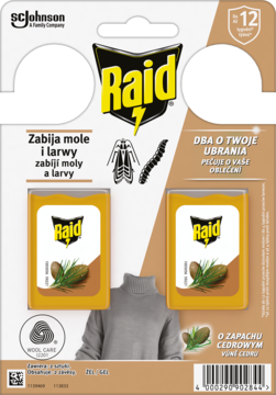 Raid zawieszki przeciw molom w żelu, zapach cedrowy. Opakowanie blistrowe, dwa brązowe wkłady na ubrania.