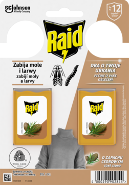 Front opakowania Raid zawieszki w żelu o zapachu cedrowym, 2 sztuki, ochrona ubrań przed molami i larwami.