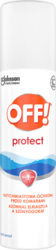 Biały spray OFF! Protect na komary i kleszcze, z pomarańczowym logo, falami i symbolem komara, widok z przodu.