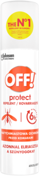 Biały spray OFF! Protect na komary z czerwonym logo i informacją o 6h ochronie, widok z przodu.