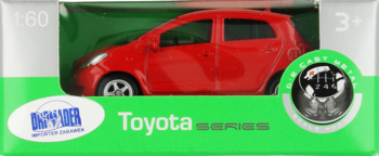 Czerwony, metalowy model samochodu Toyota 1:60 w zielono-białym pudełku. Widok z boku, z napisem Dickie Toys.