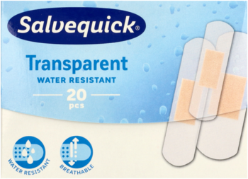 Salvequick Transparent, niebiesko-białe pudełko z 20 sztukami przezroczystych, wodoodpornych plastrów, widok z przodu.
